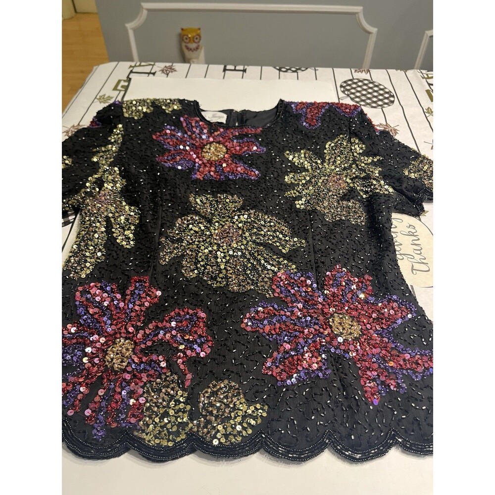 Vtg Black 100% Silk Floral Sequence Beaded Shoulder Pads Top Party New Years
